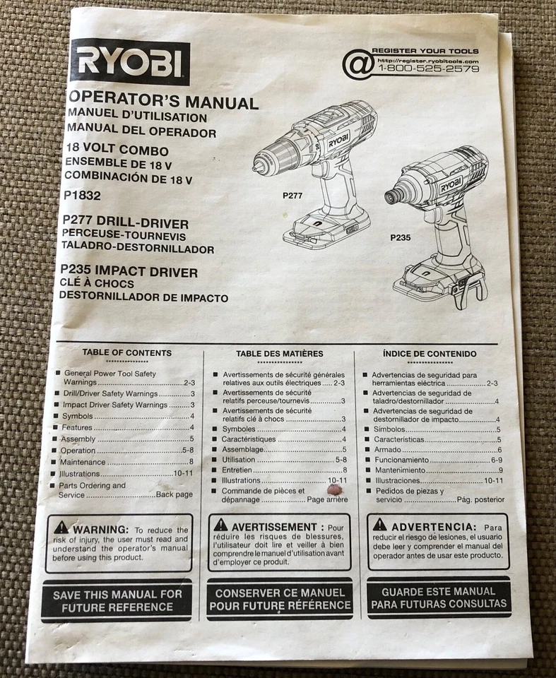 Ryobi P1832 - P235 P277 Combo 18-Volt Drill and Impact Driver Operator's Manual - Image 1 of 1