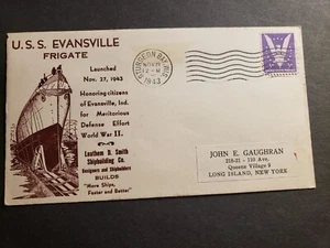USS EVANSVILLE PF-70 Naval Cover 1943 WWII Launch Cachet Sturgeon Bay, Wisconsin - Picture 1 of 2