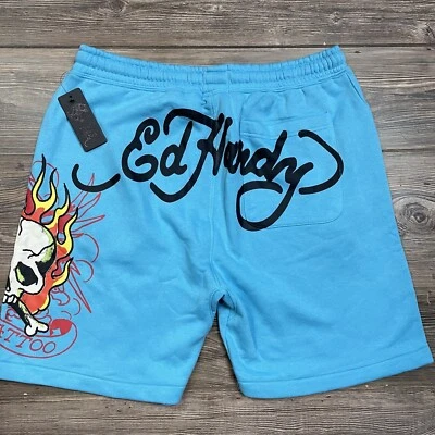 Ed Hardy Fleece Sweats Shorts Graphic Skull  Drawstring Turquoise Mens SZ XL NWT - Image 1 of 4