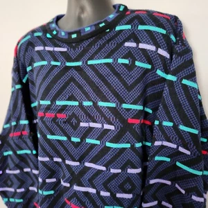 Vtg Saturdays Coogi Style Knit Sweater Men Lrg Multicolor EUC Geometric 3D Dad - Picture 1 of 10