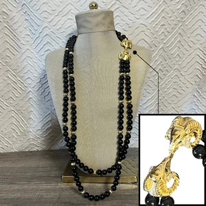 Vintage KJL FOR AVON Black & Gold Rams Head KENNETH JAY LANE Long Necklace - Picture 1 of 9