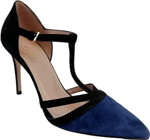 GUCCI Navy Black Suede Pointed Toe D'orsay Strappy Stiletto Heels 38 8 Shoes - Picture 1 of 10