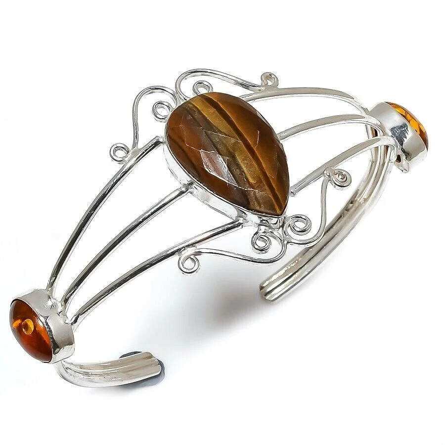 Bracciale a polsino in argento sterling 925 con pietra preziosa occhio di... - Immagine 1 di 1