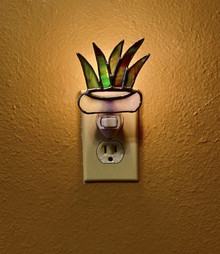 Houseplant Night Light, Stained Glass Flower Pot , Wall plug in, Handmade Foto 1 de 2