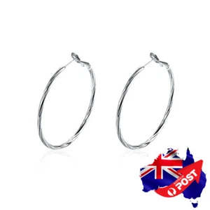 Stunning 18K White GOLD Filled 48mm Round Hoop Dangle Clip Earrings Women's Gift - Picture 1 of 9