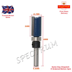 Mortise / Template Flush Trim Router Bit. 1/4” Shank.  25mm X 12.7mm X 65mm (B) - Picture 1 of 2