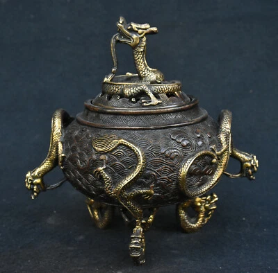 Old Chinese Dynasty Bronze Gilt Animal Dragon Loong Beast Incense Burner Censer - Image 1 of 4