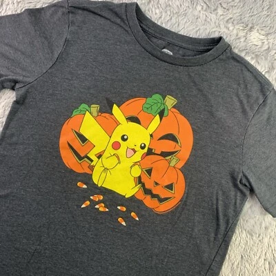 Pokemon Halloween Shirt Youth Extra Large Gray Pikachu Pumpkins Candy Corn JOL - Image 1 of 4