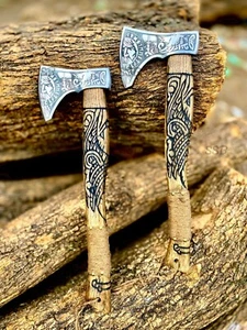 2 Pcs Custom Handmade Carbon Steel Engraved Viking Axe For Camping And Hunting - Picture 1 of 11