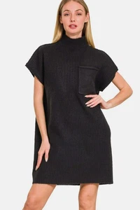 Black Short Sleeve Sweater Mini Dress - Picture 1 of 4