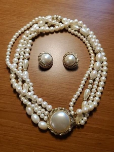Vintage Multi Strand CMC Faux Pearl Necklace Clip On Earring Set Estate Sale - Picture 1 of 7