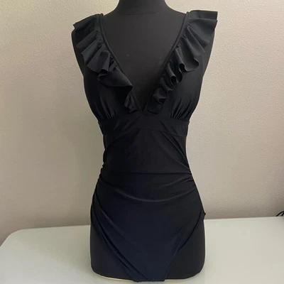 Cupshe Black Ruffle One Piece Tie Back Swimsuit Tummy Control Size Medium NEW - Image 1 of 4