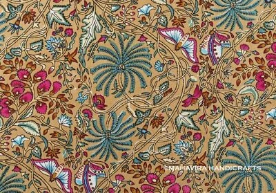 Indian Floral Cotton print Running Boho loose Golden dress making fabric by yard - Image 1 of 4