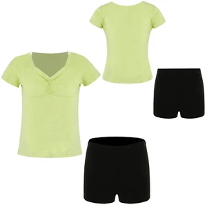 Kids Girls Outfit Ruched Front Set Training Suit Swimwear Dancewear Dance Yoga - Picture 1 of 34