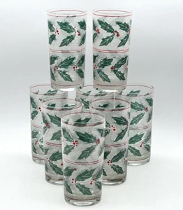 Culver Signed Christmas Glasses Holly and Berry Mid Century Frosted Set of 8 - Picture 1 of 6