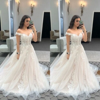 Champagne Wedding Dresses Off Shoulder White Lace Appliques A Line Bridal Gowns - Image 1 of 4