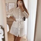 Zara Ecru Long Sleeve Eyelet Openwork Mini Shirt Dress Size Medium Blogger Fave
