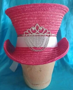 Victorian Mad hatter equestrian Ladies Hot Pink Straw Top Hat with Tiara - Picture 1 of 12