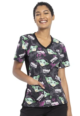 Baby Yoda Cherokee Scrubs Star Wars Tooniforms V Neck Knit Panel Top TF636 SRYW - Image 1 of 4