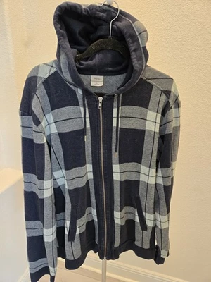 WESC XL Plaid Full Zip Hoodie Navy Blue Checkered Flannel Shacket Streetwear Y2K - Image 1 of 4