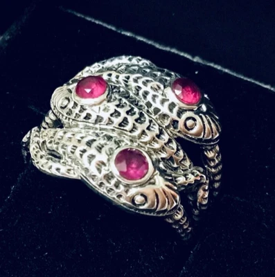 Solid Sterling Silver Ruby Snake Trio Python Serpent Cocktail Statement Ring N 7 - Image 1 of 4
