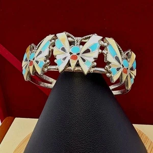 Zuni Reyes Neha Sterling Silver Butterfly Cuff Bracelet – Turquoise Coral Inlay - Photo 1/18