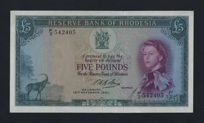 Rhodesia 5 Pounds 12 NOVEMBER 1964 P-26 XF-AU - Image 1 of 2