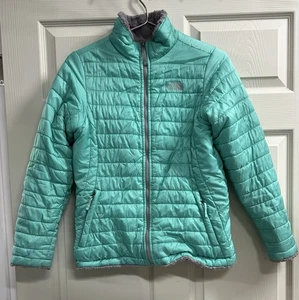 The North Face Girls Reversible Mossbud Fleece Gray Green Puffer XL Jacket - GUC - Picture 1 of 14