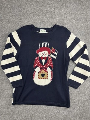 Vintage Quacker Factory Sweater Womens Large Patriotic Snowman Striped Stars 90s - Image 1 of 4