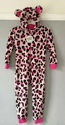 Pink Leopard Print All in One 3D 10nesie Animal Fleece Pyjamas Ears Age 2-3yrs
