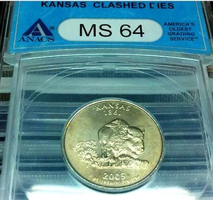 BEAUTIFUL GOLDEN DUAL RAINBOWS CLASH DIES ANACS MS64 2005-P KANSAS STATE QUARTER - Picture 1 of 2