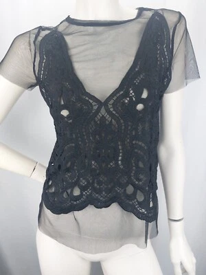 ZARA Trafaluc Damen Shirt Top Transparente bestickte Bluse Gothic Gr. M Schwarz - Bild 1 von 4