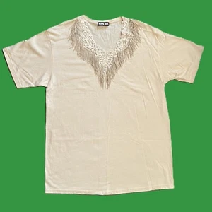 WOMENS T SHIRT Size XL Western Fringe V Neck IVORY Short Sleeves by HANG UPS - Picture 1 of 8
