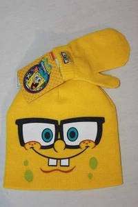 NEW Toddler Beanie Hat Mittens 2 Pc Set Yellow SpongeBob Acrylic Knit Cap Unisex - Picture 1 of 2