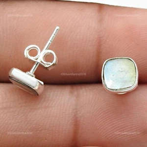 Square Natural Labradorite Stud Anniversary Gift Earrings 925 Sterling Silver - Foto 1 di 9