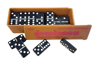 New Double Six Dominoes with Spinners, Box with Slide Lid Black Dominos - Image 1 of 4
