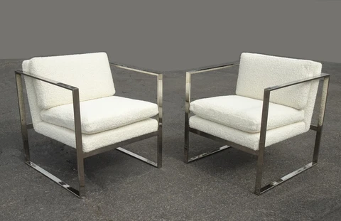 1970's Pair Milo Baughman Mid Century Chrome Lounge Chairs w Ivory Boucle Cover