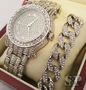 Men Hip Hop Iced White Gold PT Simulated Diamond WATCH & Cuban Bracelet Gift Set - Picture 1 of 9