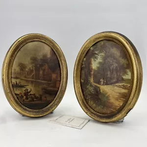 Paar alte Bilder ovale Miniaturen Landschaft Bilderrahmen Holz vergoldet Drucke - Bild 1 von 9