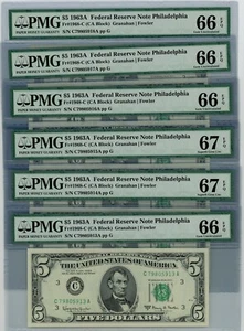 Fr. 1968-C $5 1963A 6 Consec. Federal Reserve Note 66-67 EPQ PMG dc-2530 - Picture 1 of 2