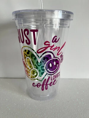 Just A Girl Who Loves Coffee Rainbow Glossy Vinyl 16oz Acrylic Custom Tumbler - Image 1 of 4