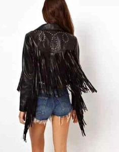 Damen Lederjacke schwarz Fransen 100% echtes echtes Lammleder Motorrad Biker - Bild 1 von 6