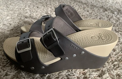 Crocs Sandals Women's Size 6 Brown Comfort Shoes 3 Inch Wedge Heels Buckles - Image 1 of 4
