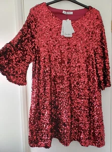 BNWT SZ 22 24 LONG BERRY RED SEQUIN TUNIC TOP MINI DRESS NEW PLUS CURVE £44 - Picture 1 of 5