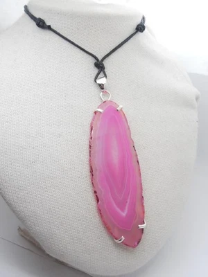 Ciondolo in Argento 925 con Agata Rosa e girocollo - Pietra Dura Fucsia - Fuxia - Immagine 1 di 4