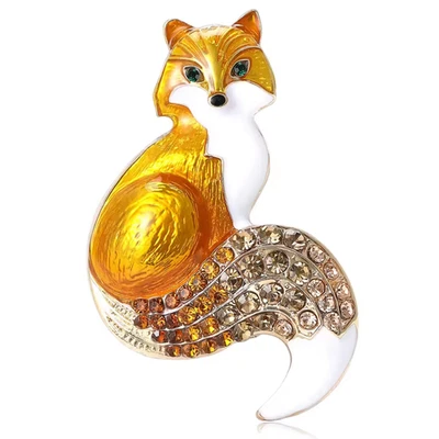 Retro Fall Fox Brooch Yellow Enamel Rhinestone Gold Animal Pin Autumn Gift Jewel - Image 1 of 4