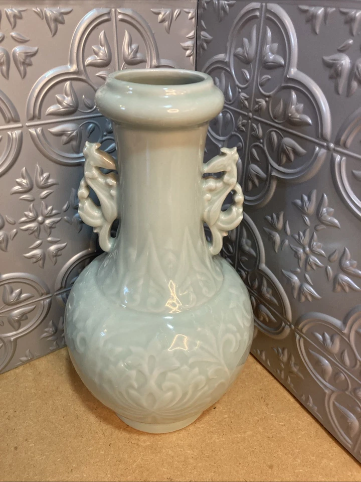19Th Century Chinese Celadon Vase Dragon Handles 10.5 Inch Tall Beautiful - Image 1 of 4