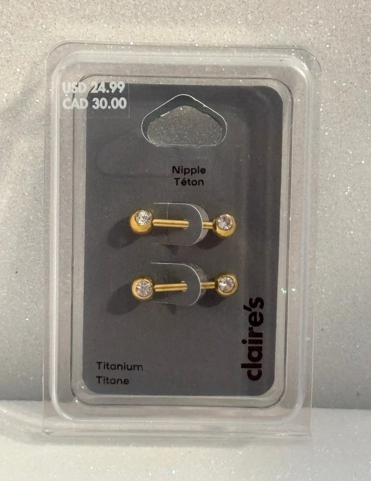 Claire’s Gold-tone with rhinestones Titanium 14G Nipple Bars - 2 Pack new - Image 1 of 1