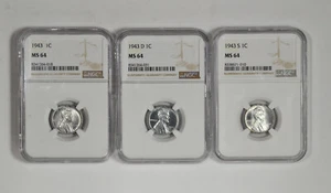 1943 P D S 1C Lincoln Steel Wheat Cent NGC MS 64 Three Coin Lot - Picture 1 of 3