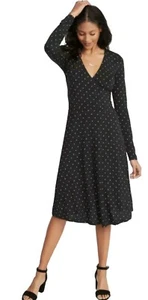 NUEVO $34.99/ANTIGUO AZUL MARINO/VESTIDO/TALLA PEQUEÑA/AJUSTE Y ACAMPANADO/ENVOLTURA SINTÉTICA/LUNARES/NEGRO/MANGA LARGA - Imagen 1 de 12